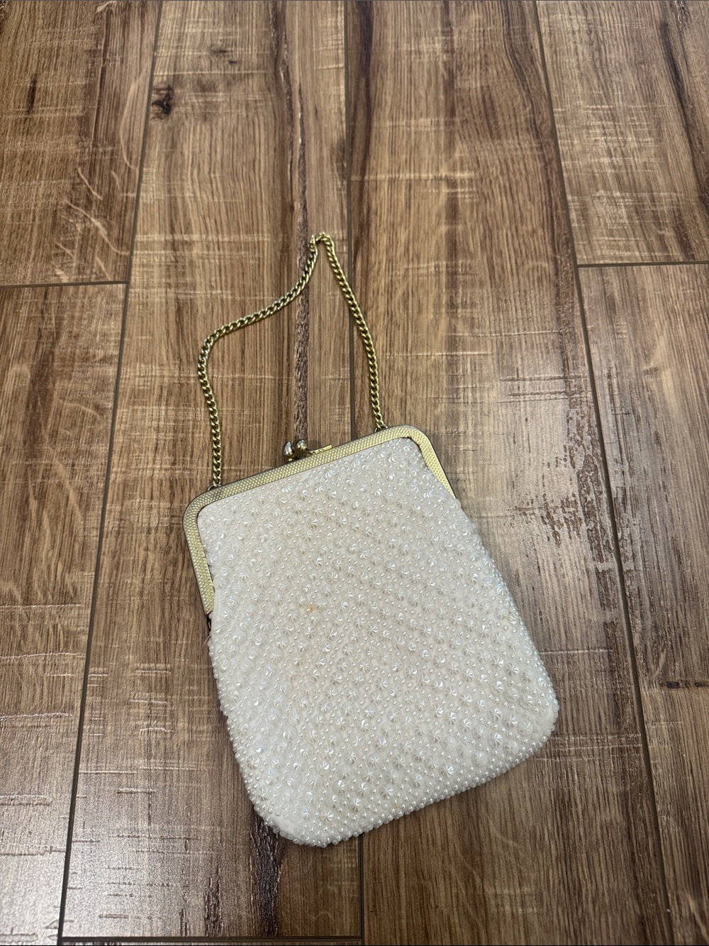 Beaded White Evening Bag with Gold Chain